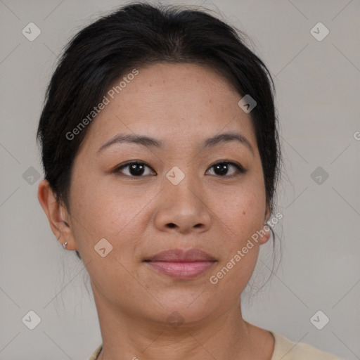 Joyful asian young-adult female with short  brown hair and brown eyes