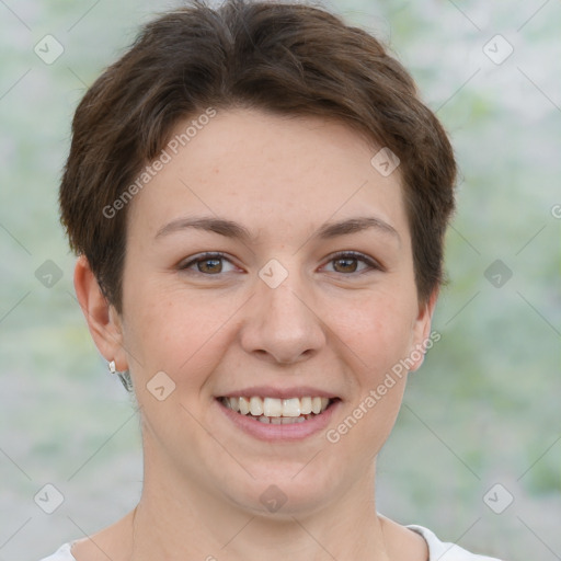 Joyful white young-adult female with short  brown hair and brown eyes