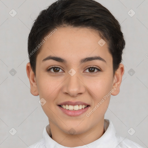 Joyful white young-adult female with short  brown hair and brown eyes