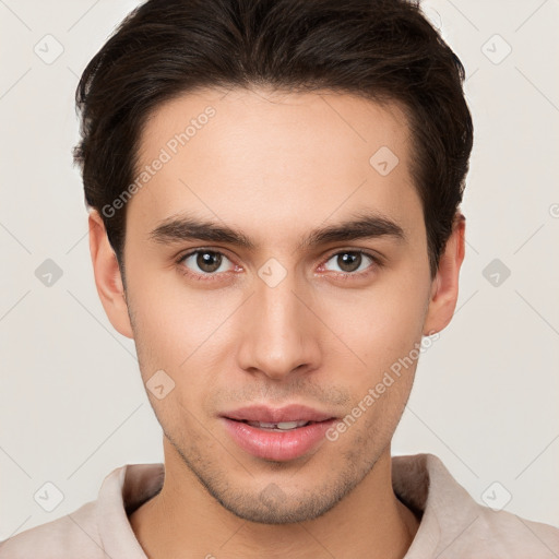 Neutral white young-adult male with short  brown hair and brown eyes