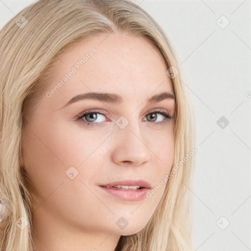 Neutral white young-adult female with long  brown hair and blue eyes