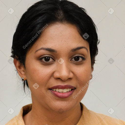 Joyful latino young-adult female with short  brown hair and brown eyes