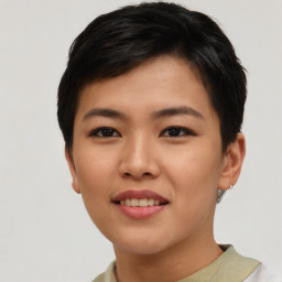 Joyful asian young-adult female with short  brown hair and brown eyes