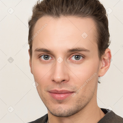 Neutral white young-adult male with short  brown hair and brown eyes