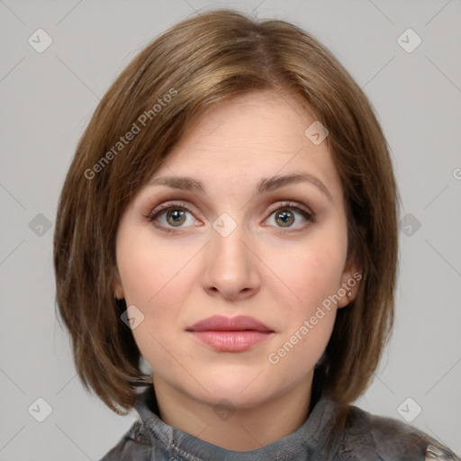 Neutral white young-adult female with medium  brown hair and grey eyes