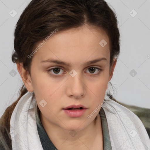 Neutral white young-adult female with short  brown hair and brown eyes