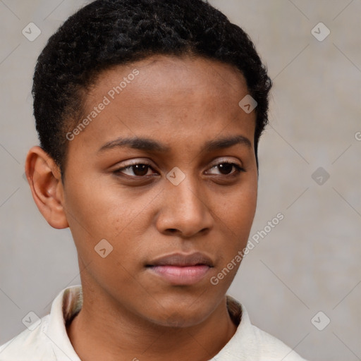 Neutral black young-adult female with short  brown hair and brown eyes