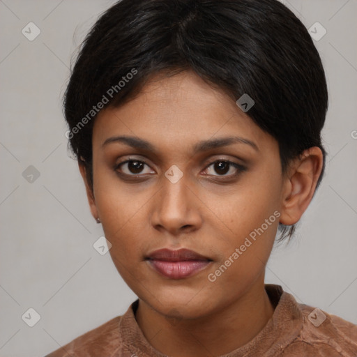 Neutral asian young-adult female with short  brown hair and brown eyes