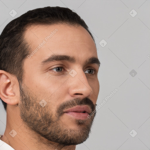 Neutral white young-adult male with short  brown hair and brown eyes