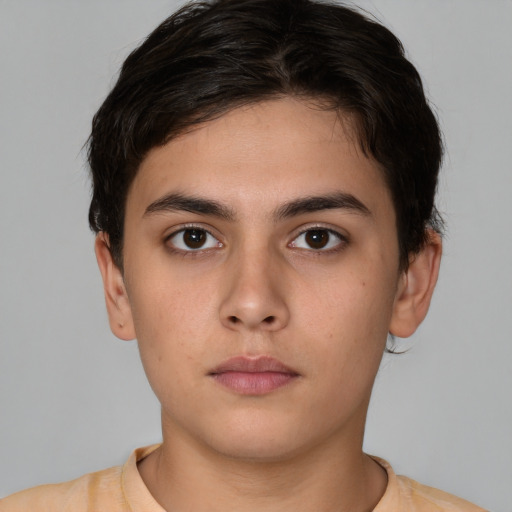 Neutral white young-adult male with short  brown hair and brown eyes