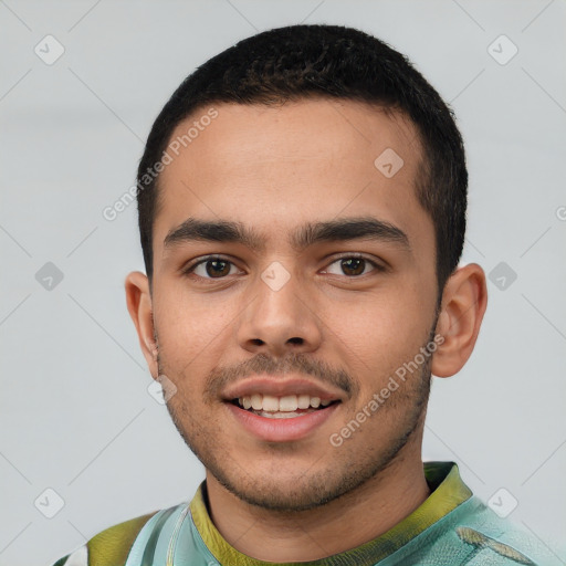 Joyful white young-adult male with short  black hair and brown eyes