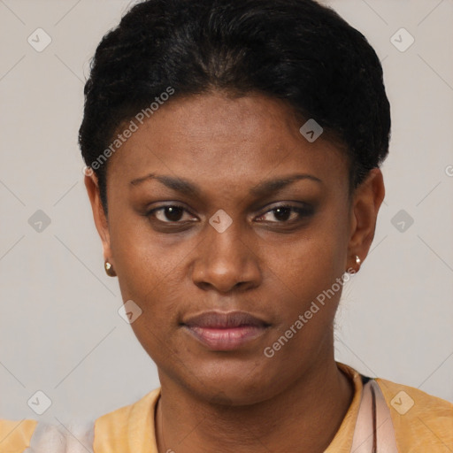 Neutral latino young-adult female with short  black hair and brown eyes