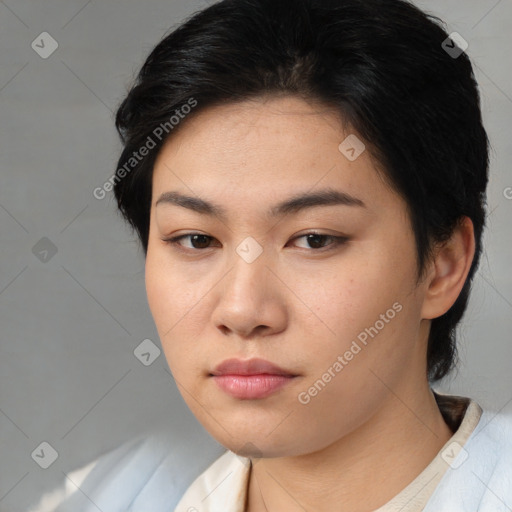 Neutral asian young-adult female with medium  brown hair and brown eyes