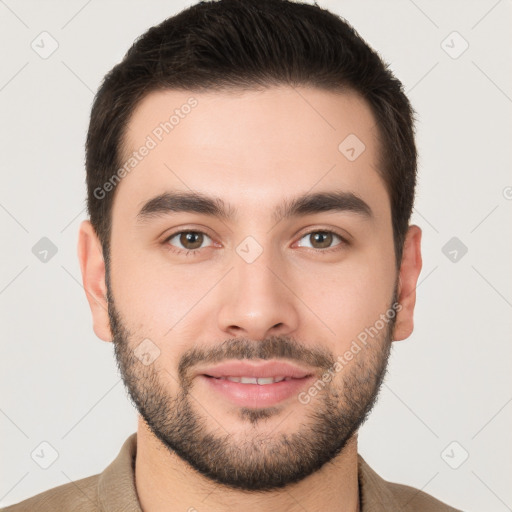 Joyful white young-adult male with short  brown hair and brown eyes