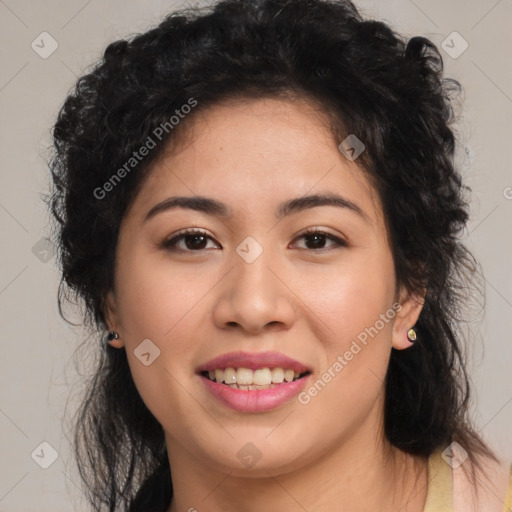 Joyful asian young-adult female with long  brown hair and brown eyes