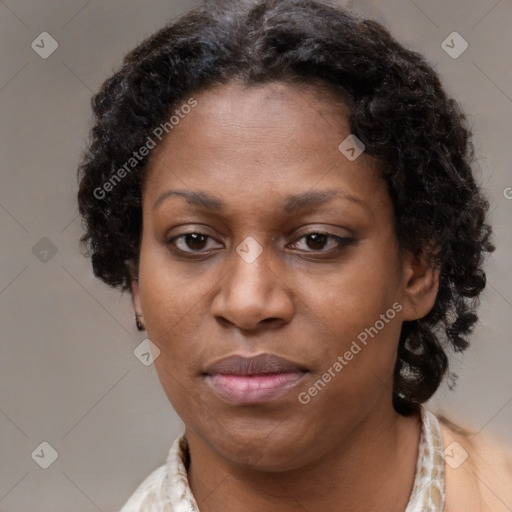 Joyful black adult female with short  brown hair and brown eyes