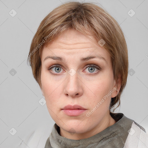 Neutral white young-adult female with medium  brown hair and grey eyes