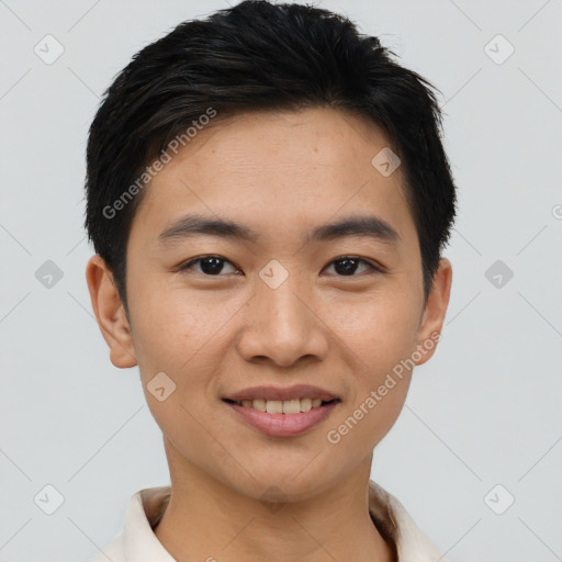 Joyful asian young-adult male with short  black hair and brown eyes