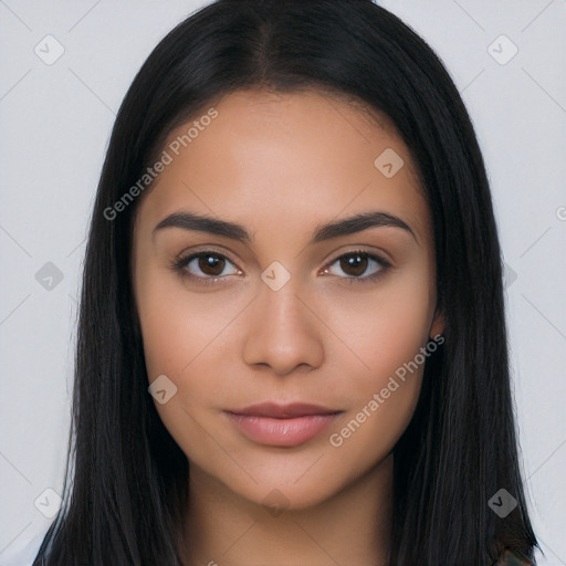 Neutral latino young-adult female with long  brown hair and brown eyes