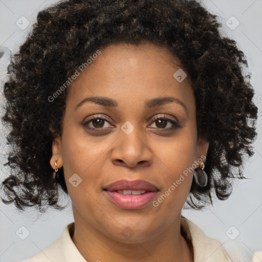 Joyful black young-adult female with medium  brown hair and brown eyes