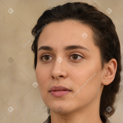 Neutral white young-adult female with medium  brown hair and brown eyes