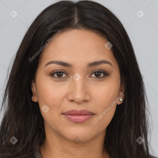 Joyful latino young-adult female with long  brown hair and brown eyes