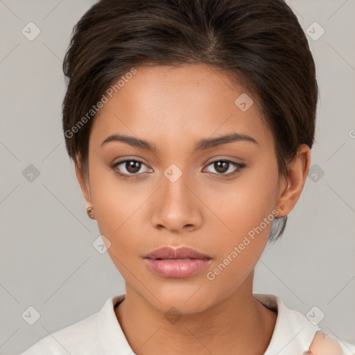 Neutral white young-adult female with short  brown hair and brown eyes