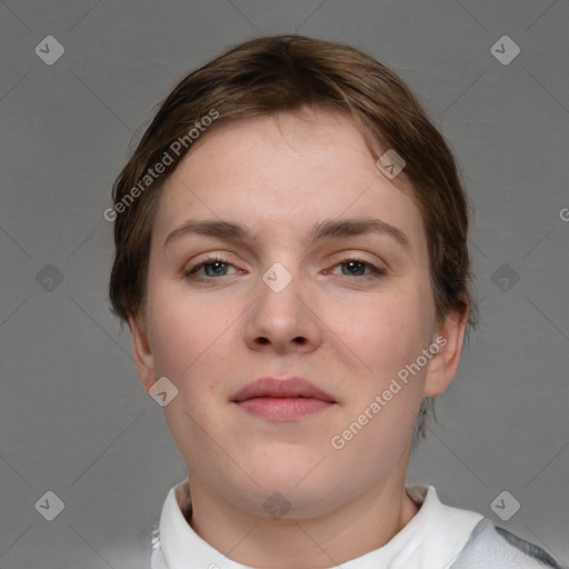 Neutral white young-adult female with short  brown hair and brown eyes