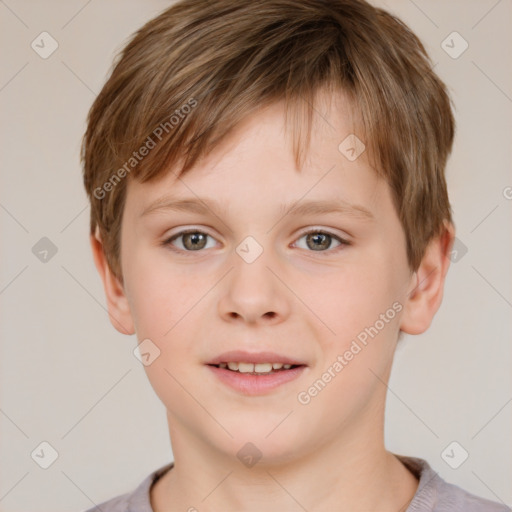 Joyful white child male with short  brown hair and brown eyes