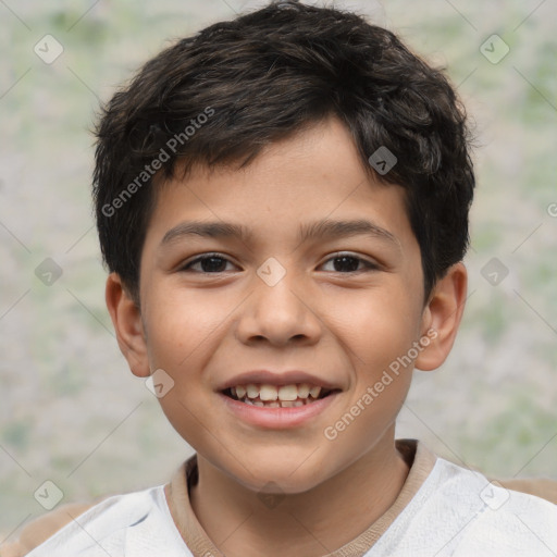 Joyful white child male with short  brown hair and brown eyes