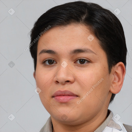 Joyful asian young-adult female with short  brown hair and brown eyes