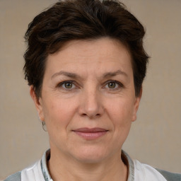 Joyful white adult female with short  brown hair and brown eyes