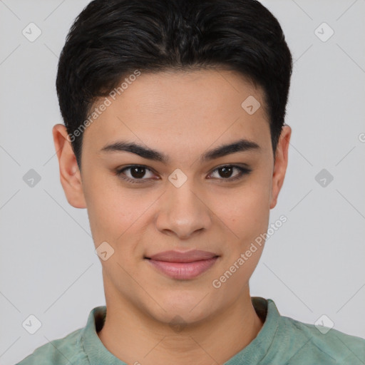 Joyful asian young-adult female with short  brown hair and brown eyes