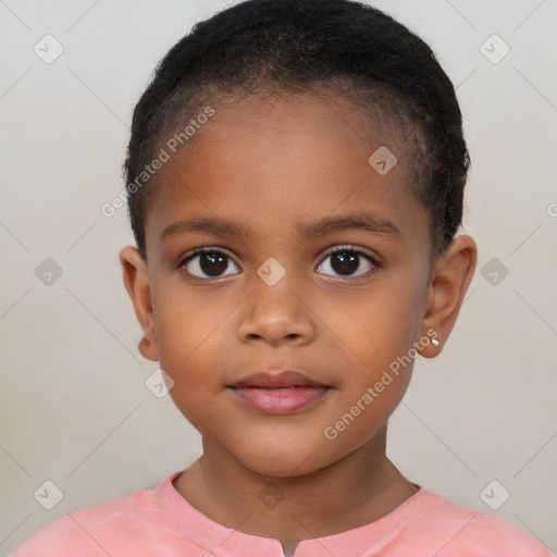 Joyful white child female with short  brown hair and brown eyes