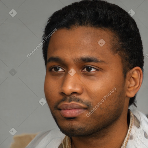 Neutral black young-adult male with short  black hair and brown eyes