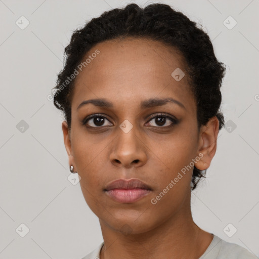 Neutral black young-adult female with short  black hair and brown eyes