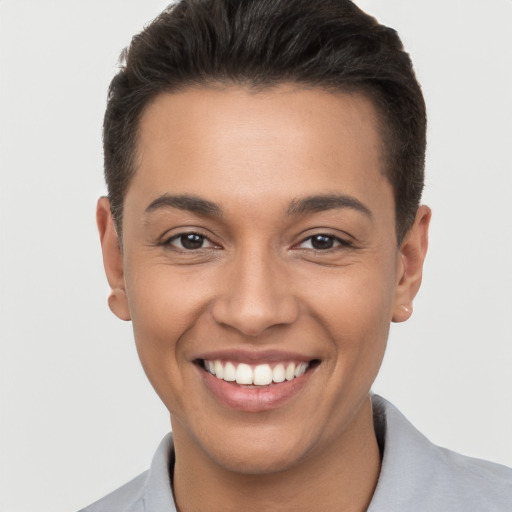 Joyful white young-adult female with short  brown hair and brown eyes