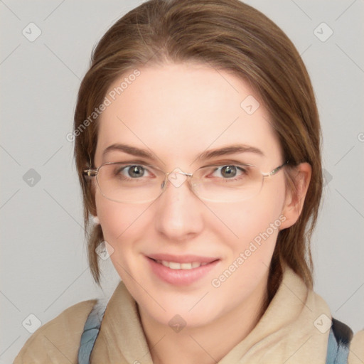 Joyful white young-adult female with medium  brown hair and blue eyes