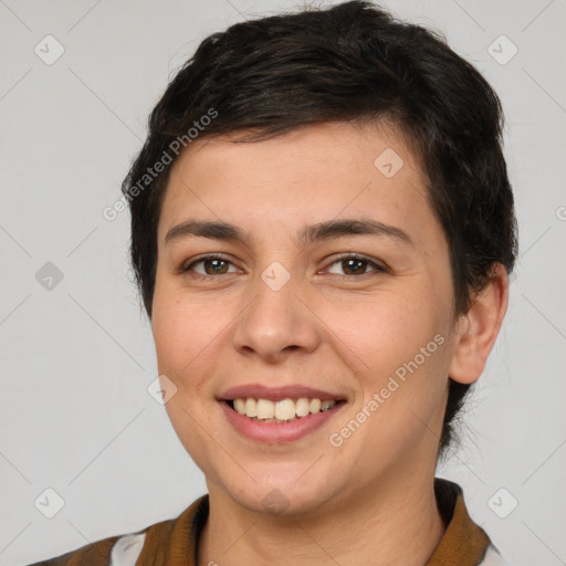 Joyful white young-adult female with medium  brown hair and brown eyes