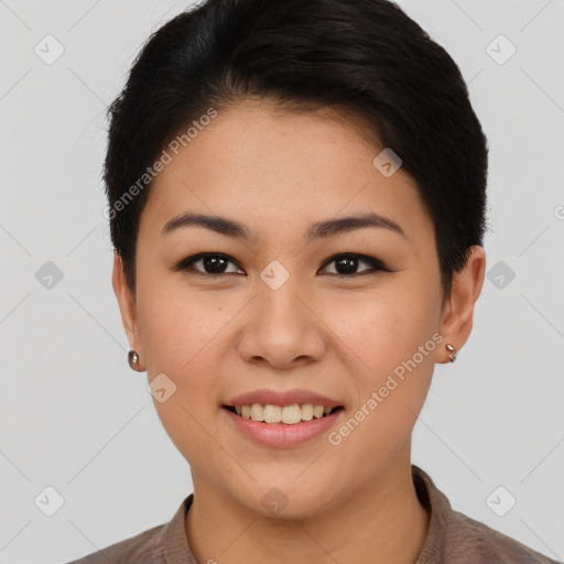 Joyful asian young-adult female with short  brown hair and brown eyes