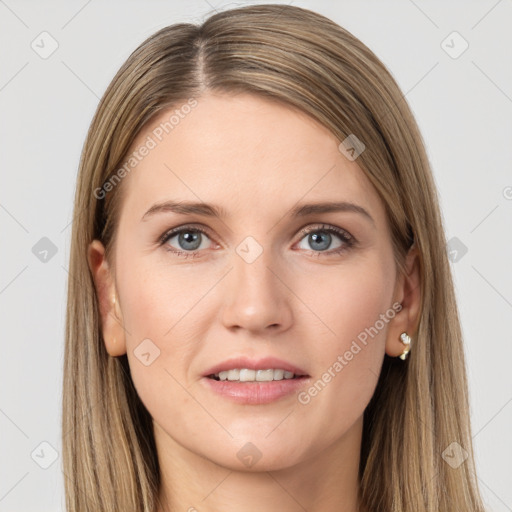 Joyful white young-adult female with long  brown hair and grey eyes