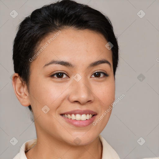 Joyful asian young-adult female with short  brown hair and brown eyes