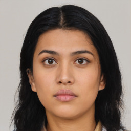 Neutral asian young-adult female with long  black hair and brown eyes