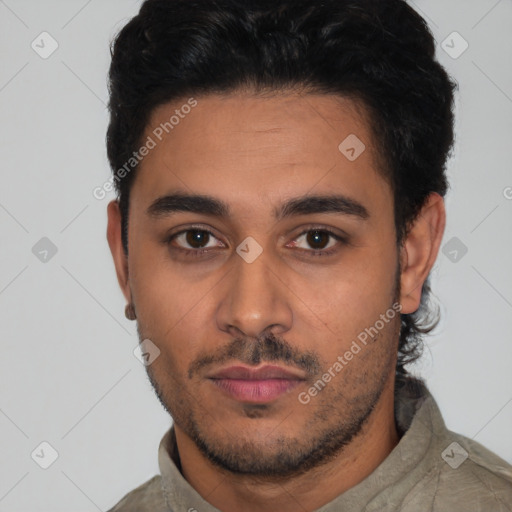 Neutral latino young-adult male with short  black hair and brown eyes