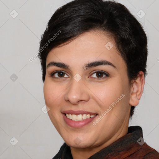 Joyful white young-adult female with medium  brown hair and brown eyes