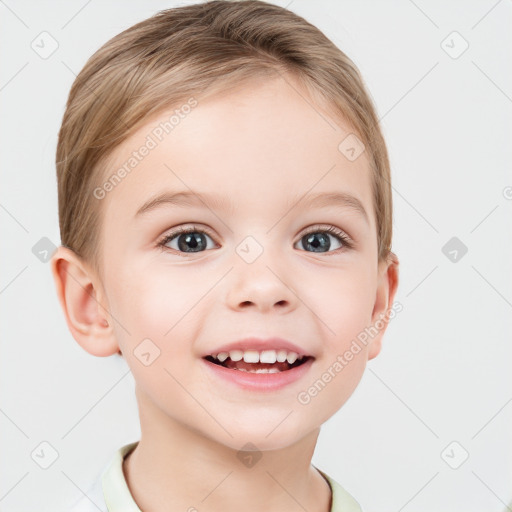 Joyful white child female with short  brown hair and brown eyes