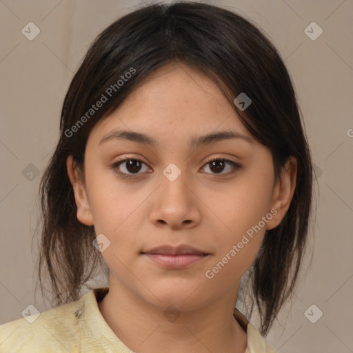 Neutral asian young-adult female with medium  brown hair and brown eyes