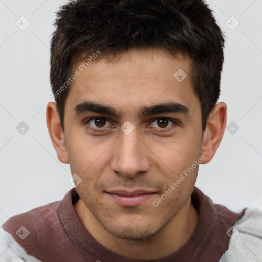 Neutral white young-adult male with short  brown hair and brown eyes