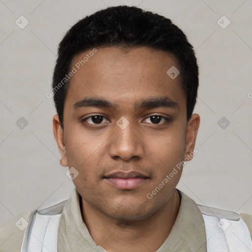 Neutral white young-adult male with short  black hair and brown eyes