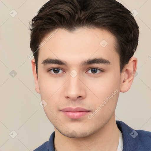 Neutral white young-adult male with short  brown hair and brown eyes